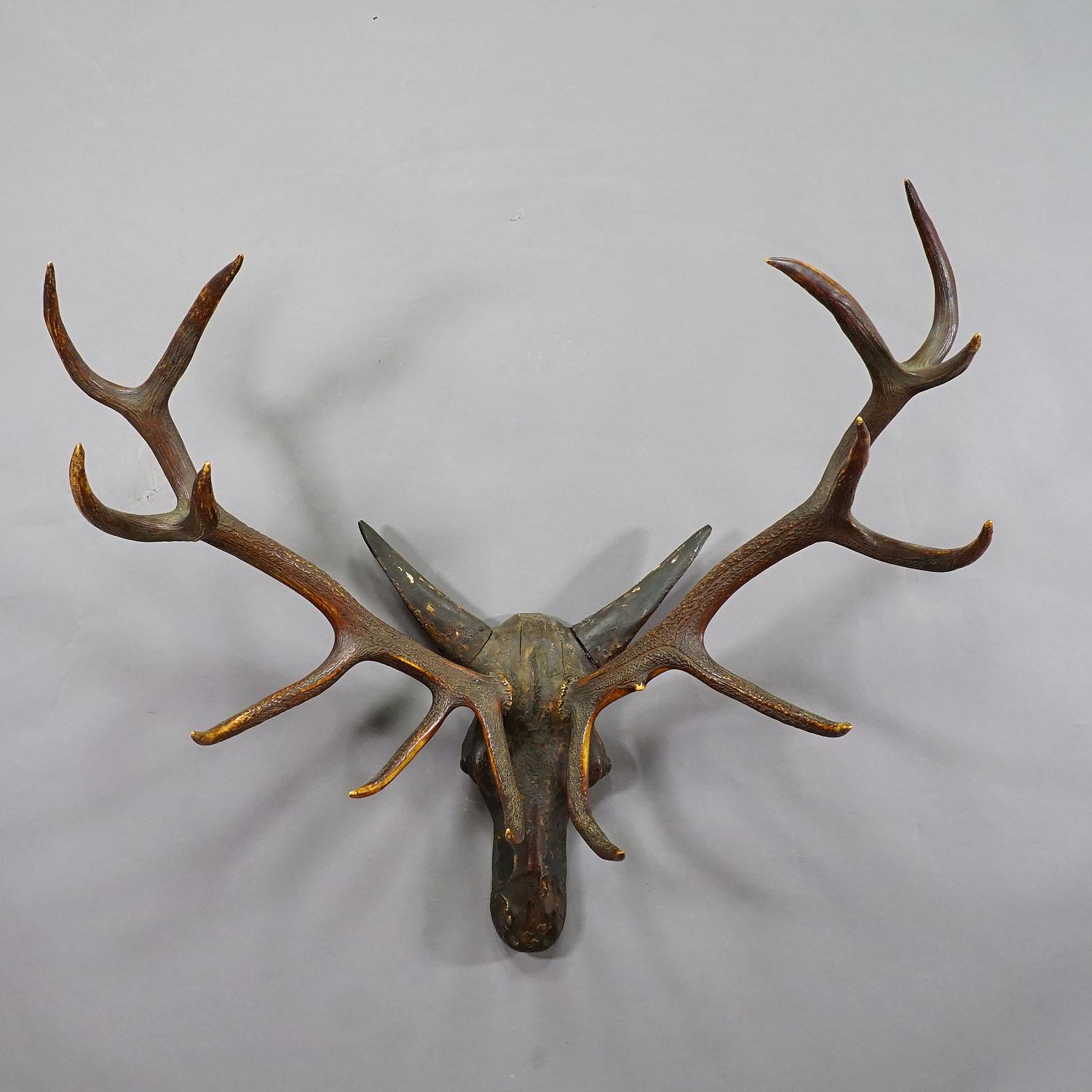 Hand-Carved Sculptural Antique Wooden Carved Black Forest Baroque Deer Head For Sale