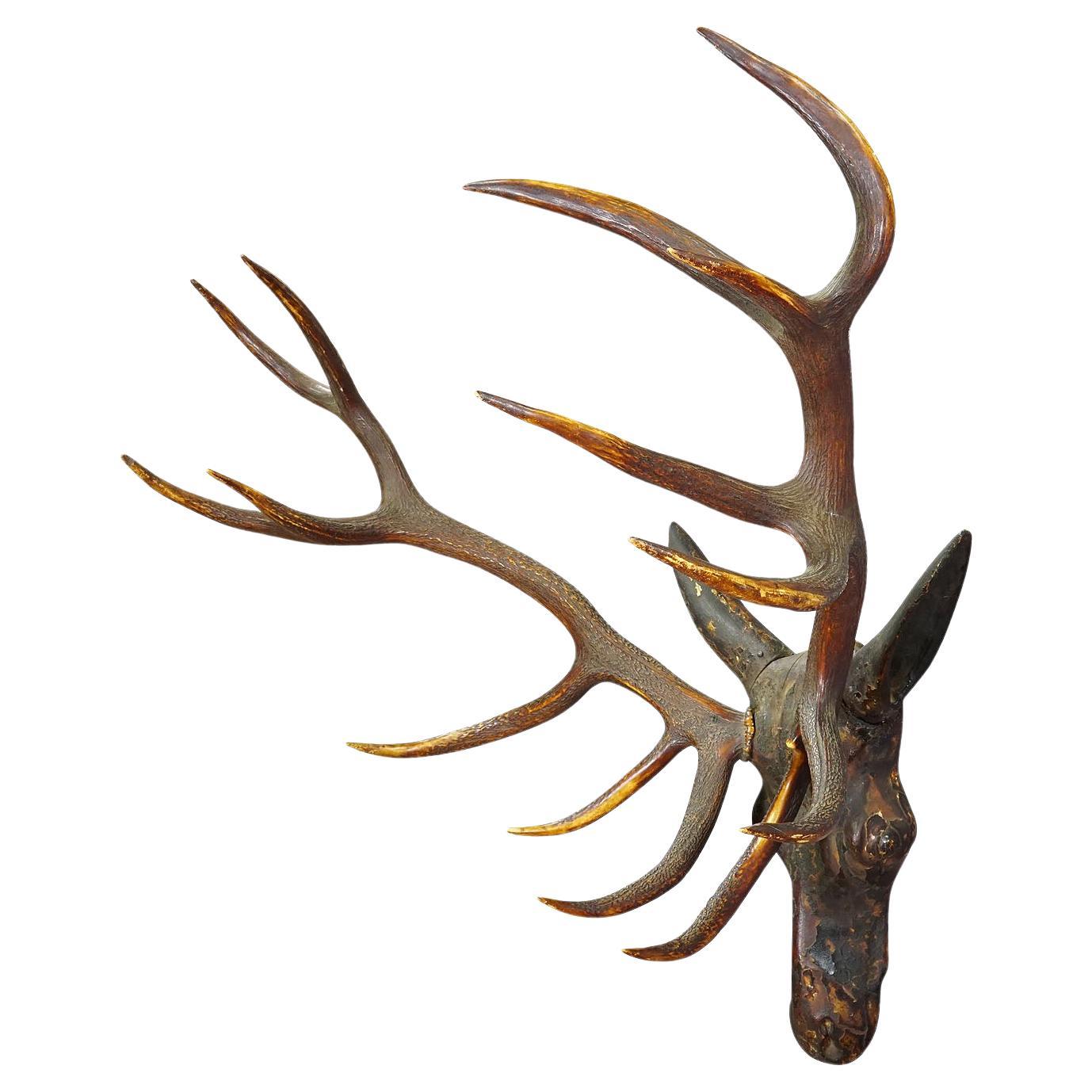 Tête de cerf sculpturale antique en bois sculpté Black Forest Baroque en vente