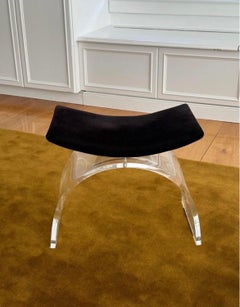 Sculptural Arched Vintage Lucite and Upholstered Vanity Stool or Bench