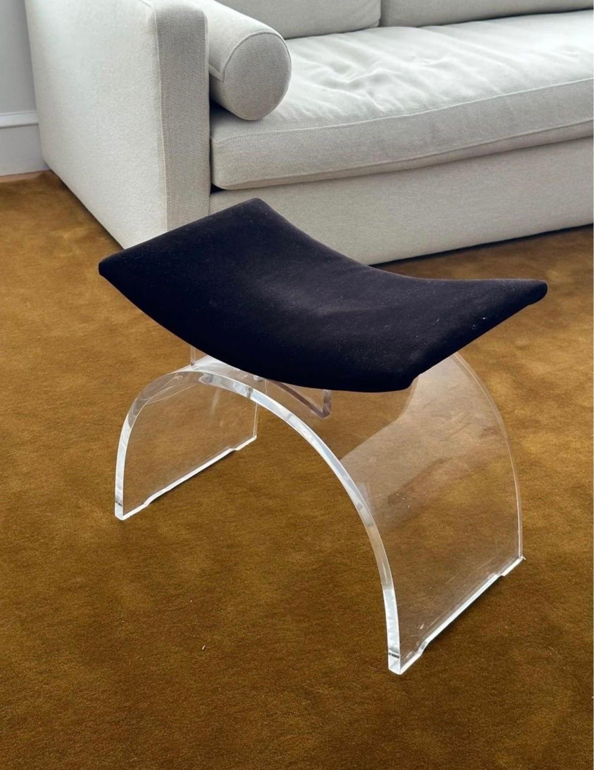 Minimalist Sculptural Arched Vintage Lucite and Upholstered Vanity Stool or Bench For Sale