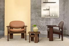 Sculptural Archipen Lounge Chair with Wooden Armrests in Beige Leather by NOOM