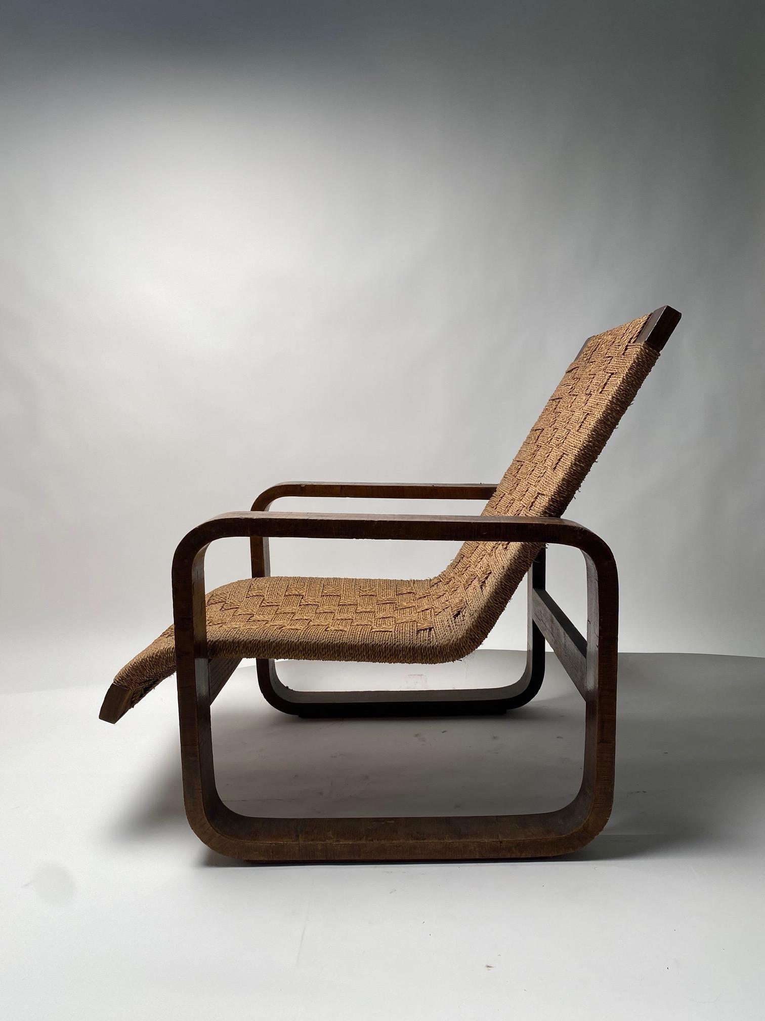 Art Deco Sculptural Armchair in wood and rope, Giuseppe Pagano (Attr), Italy, 1940s For Sale