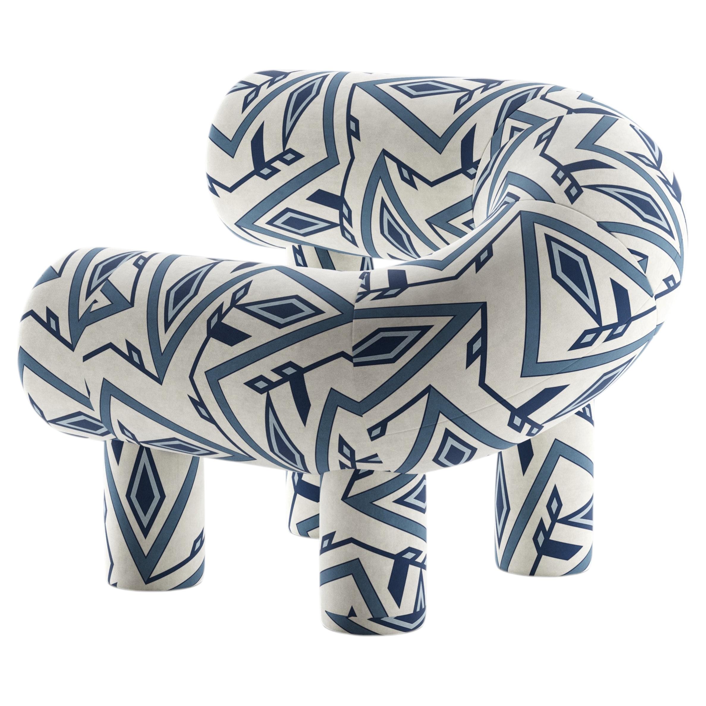 Sculptural Armchair with Geometric Blue & White Upholstery, Umi Lounge Chair