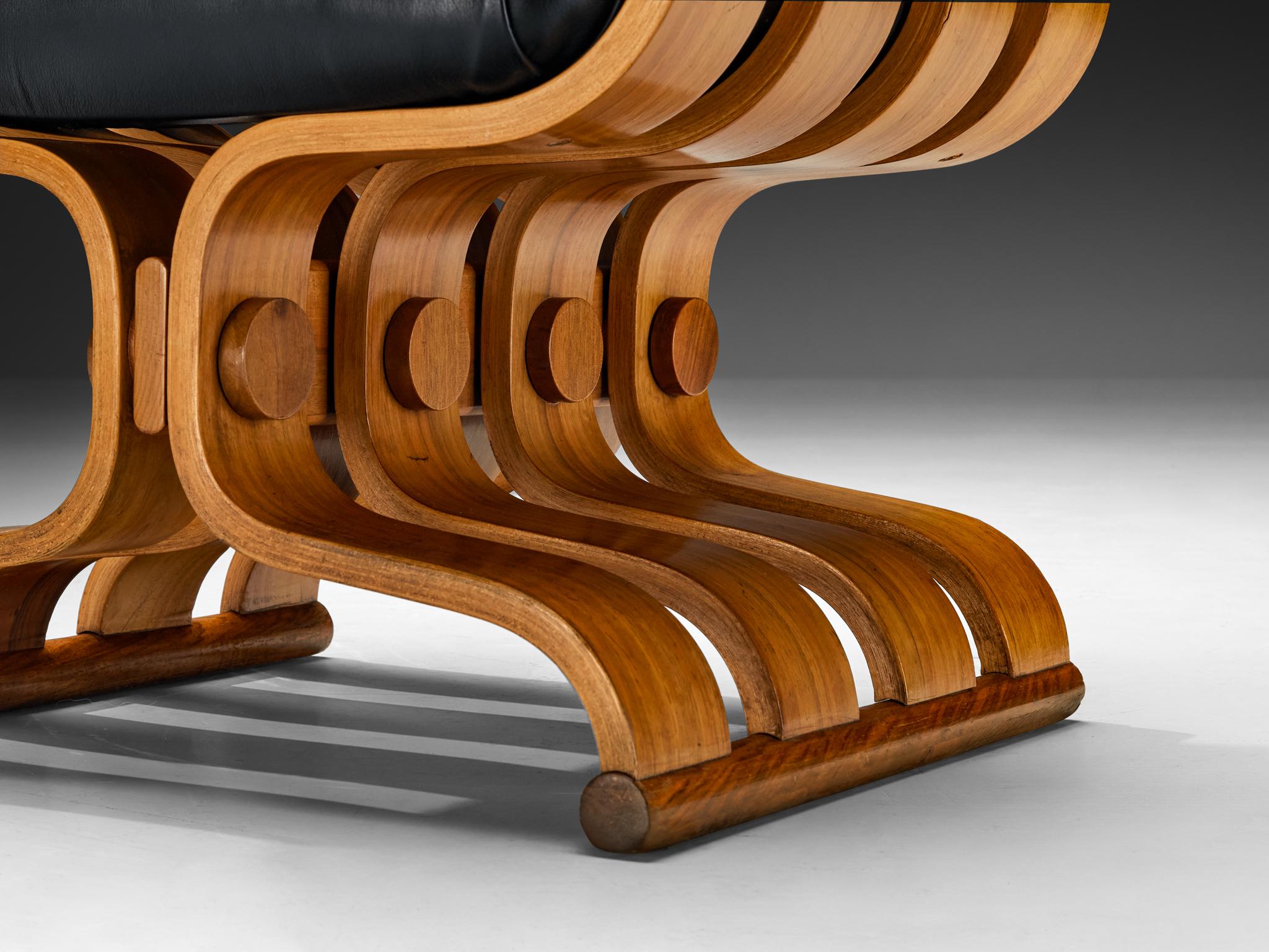 European Sculptural Armchair with Organic Curves in Walnut & Black Leather For Sale