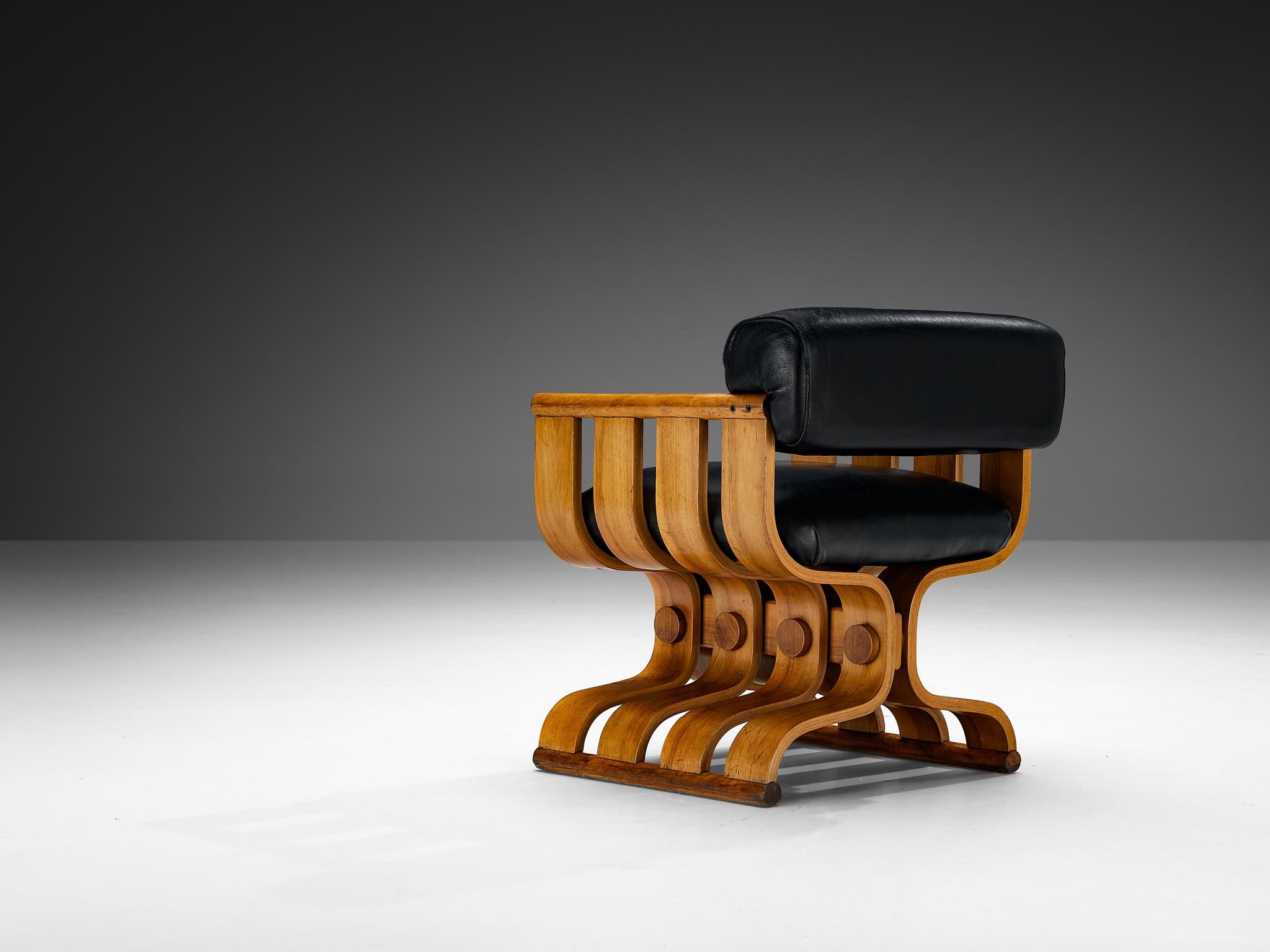 Late 20th Century Sculptural Armchair with Organic Curves in Walnut & Black Leather For Sale