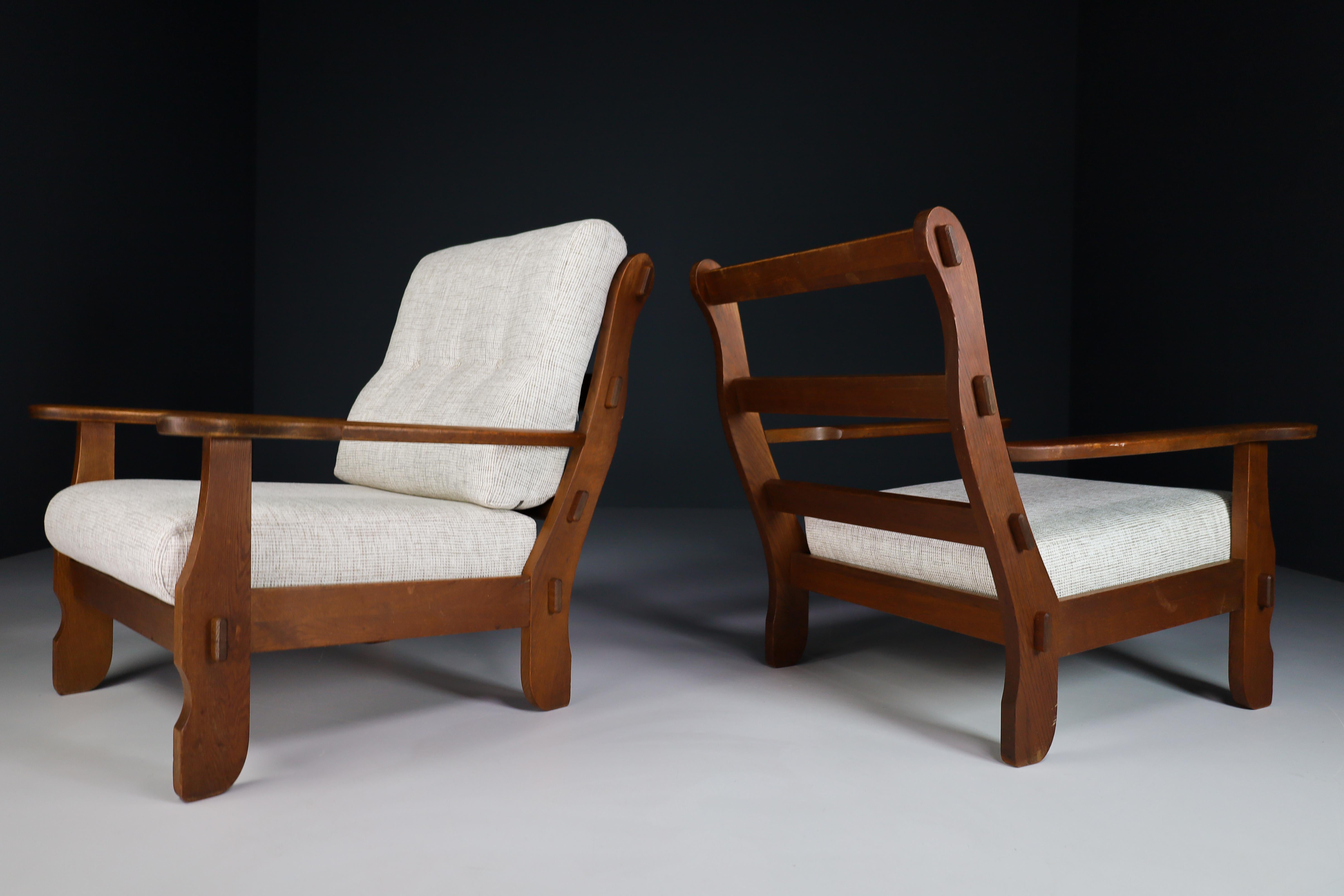 Mid-Century Modern Sculptural Armchairs in Oak and Fabric, France 1960s