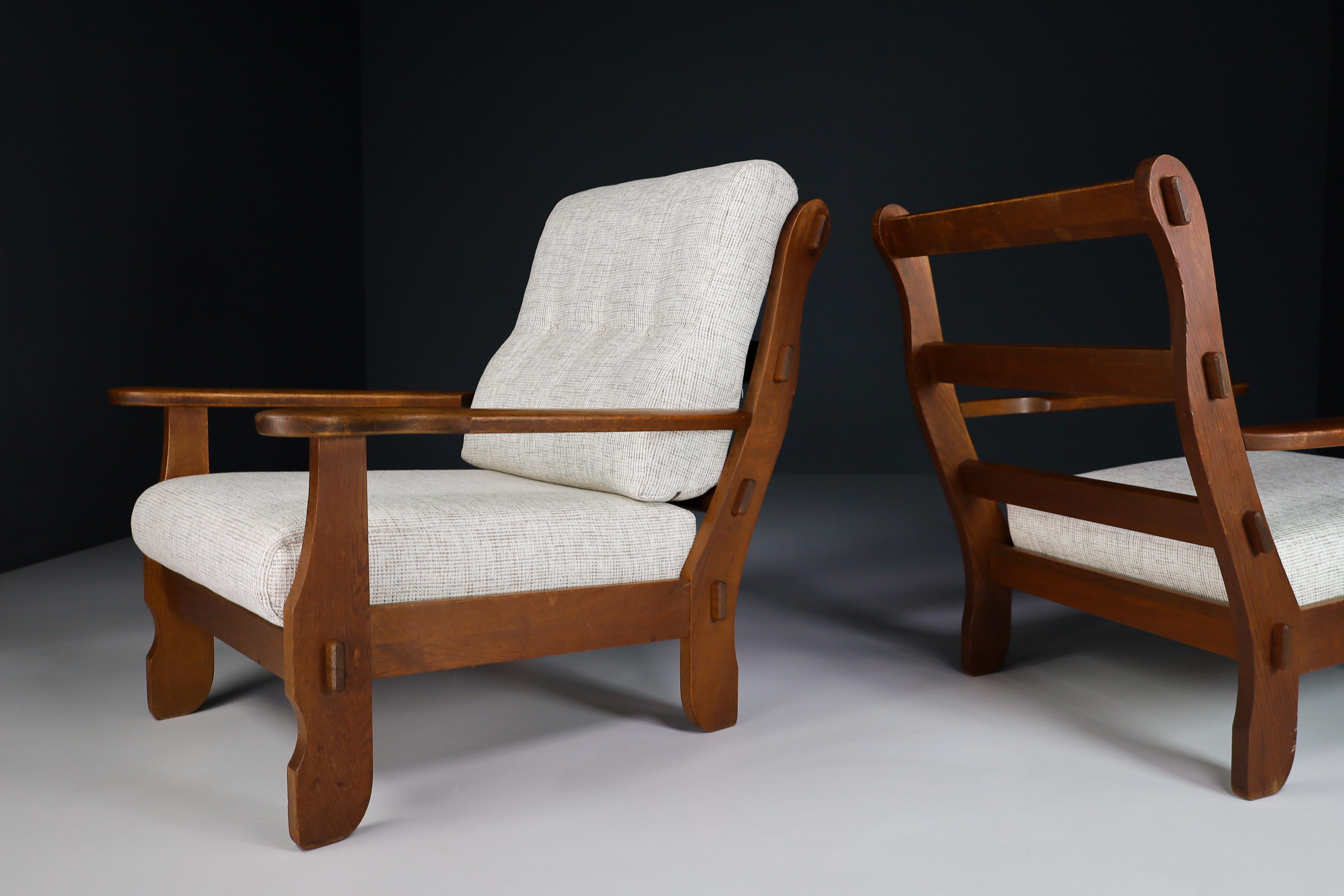 French Sculptural Armchairs in Oak and Fabric, France 1960s