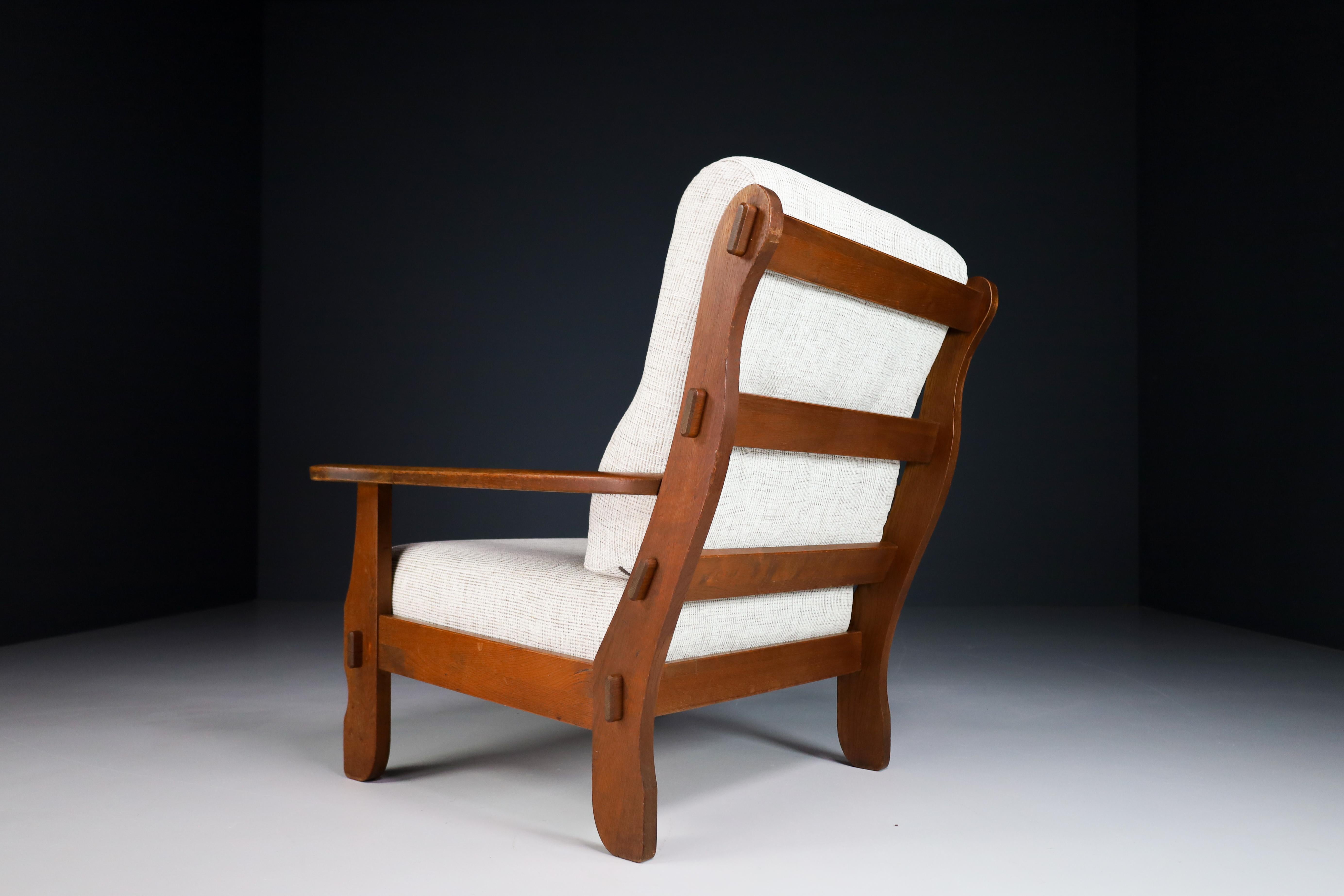 Sculptural Armchairs in Oak and Fabric, France 1960s In Good Condition In Almelo, NL