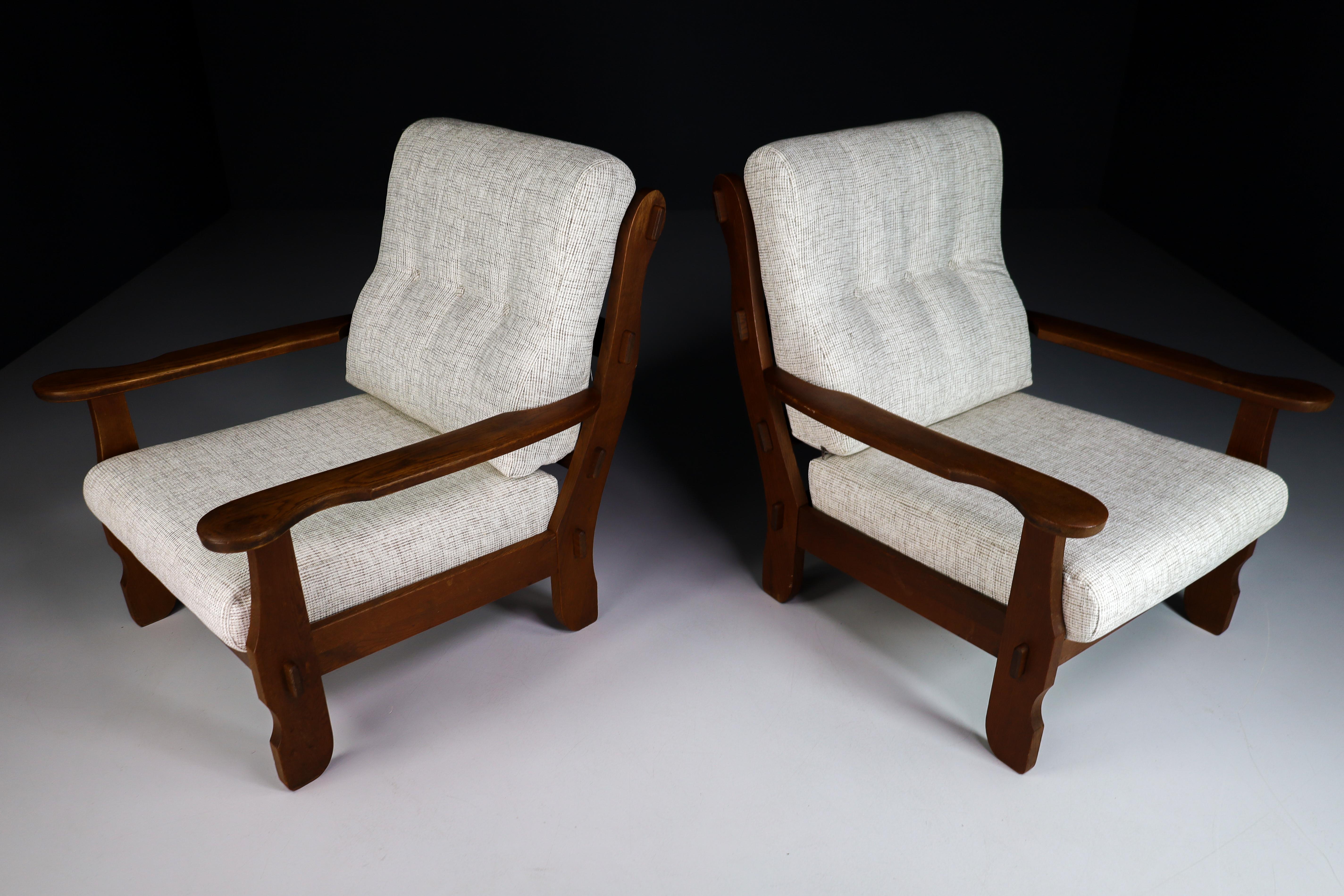 Sculptural Armchairs in Oak and Fabric, France 1960s 1