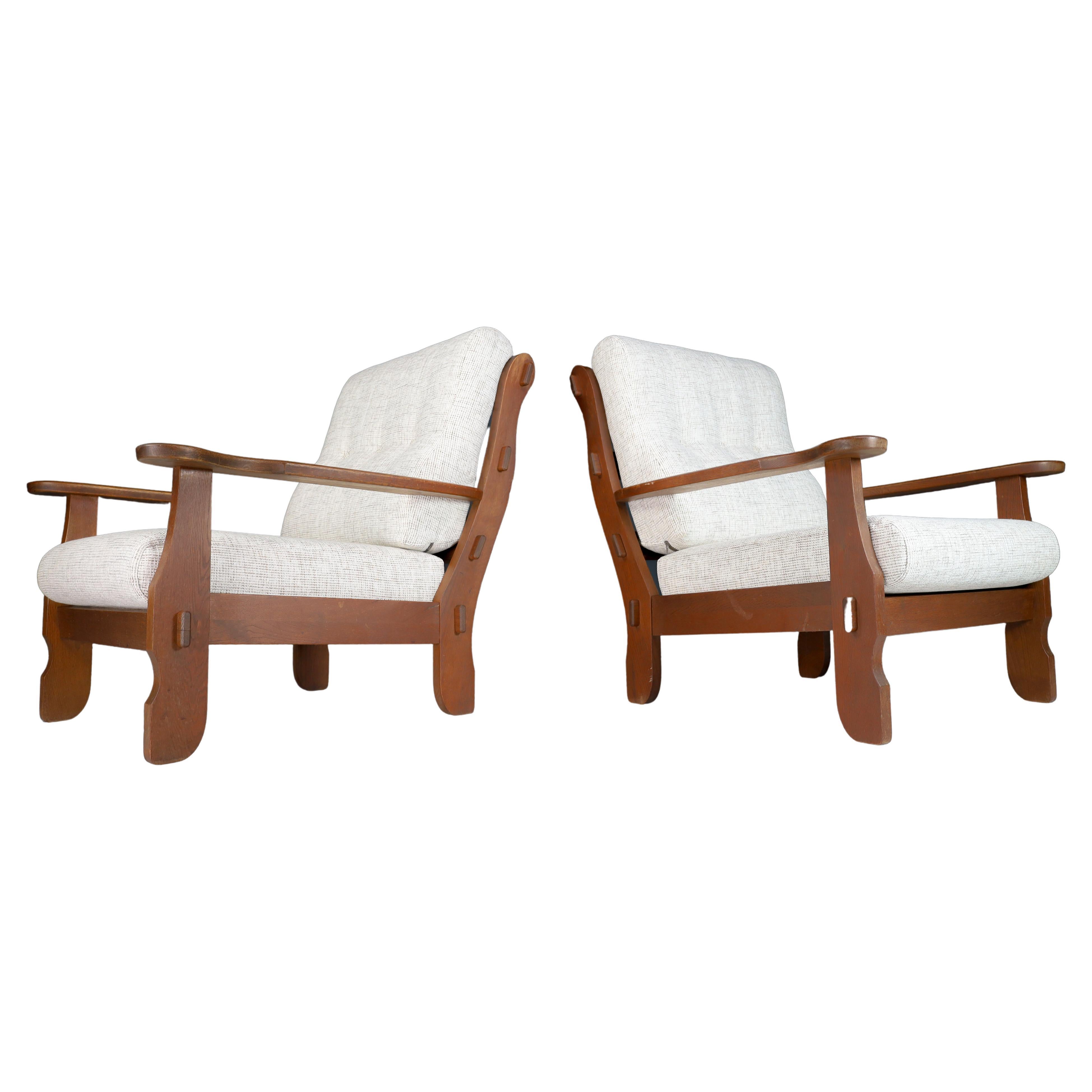 Sculptural Armchairs in Oak and Fabric, France 1960s