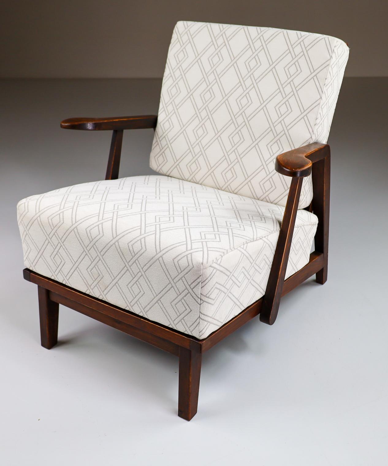 Sculptural Armchairs in Oak and Reupholstered Fabric, France, 1950s 4