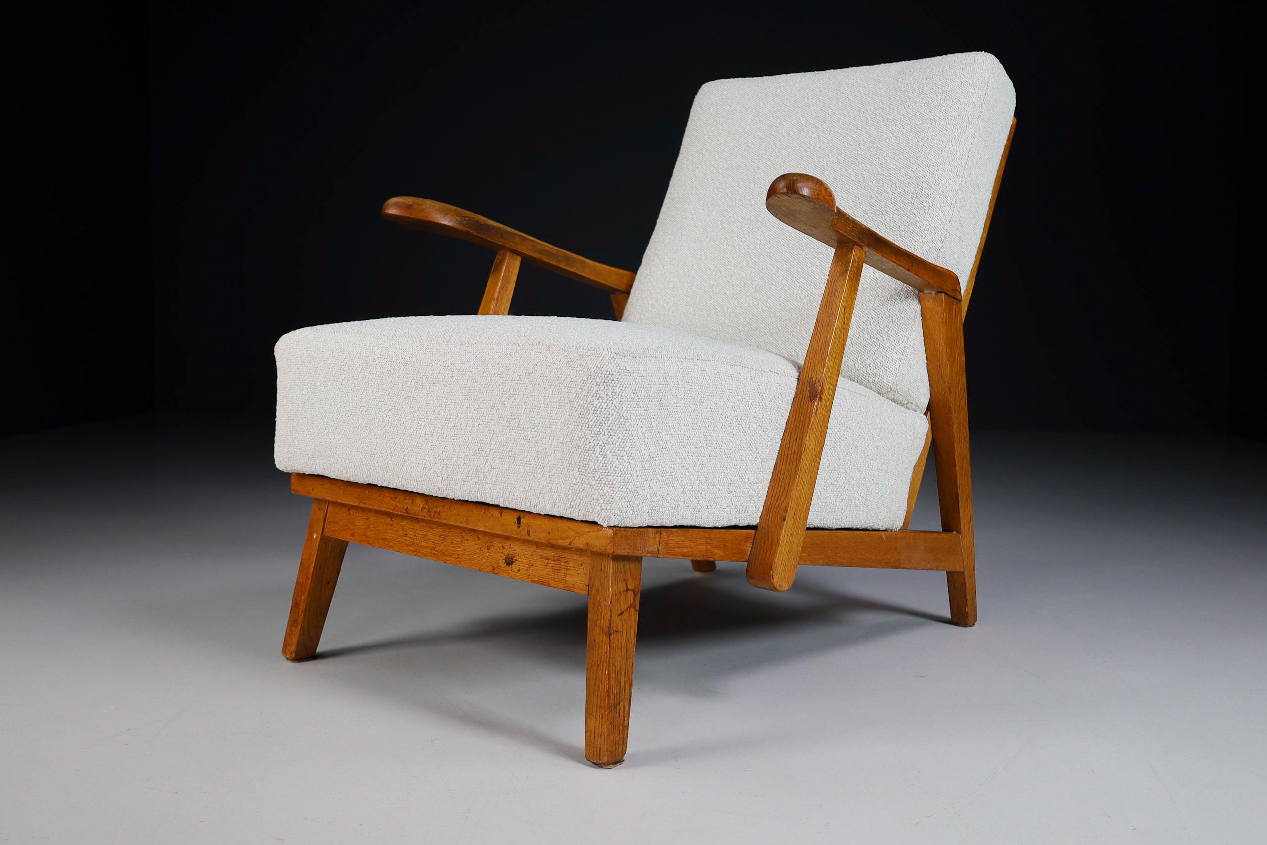 Sculptural Armchairs in Oak and Reupholstered Fabric, France, 1950s 3