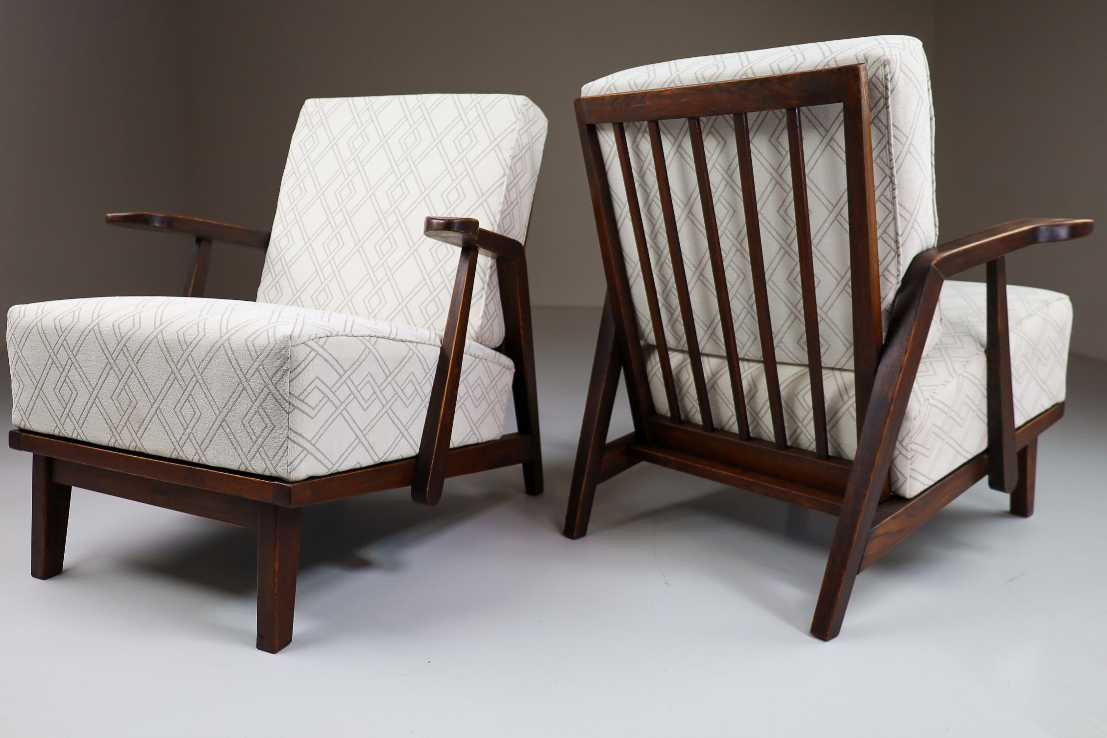 French Sculptural Armchairs in Oak and Reupholstered Fabric, France, 1950s
