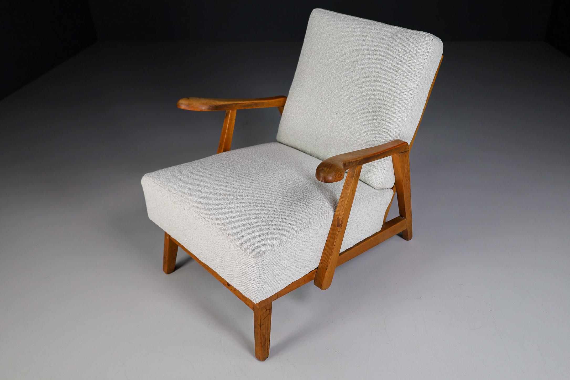 French Sculptural Armchairs in Oak and Reupholstered Fabric, France, 1950s