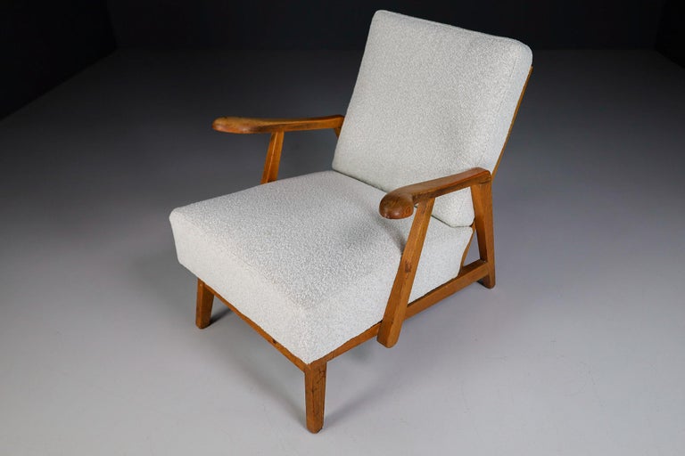French Sculptural Armchairs in Oak and Reupholstered Fabric, France, 1950s For Sale