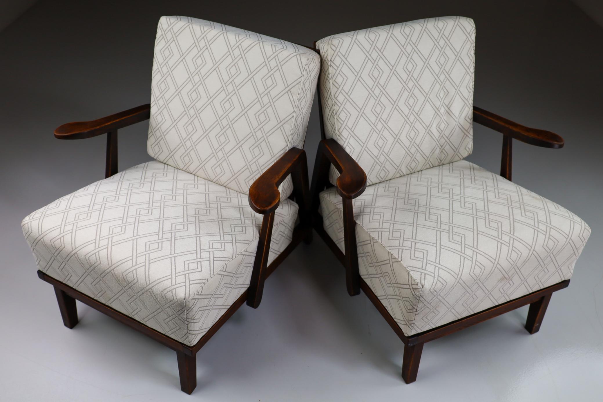 Sculptural Armchairs in Oak and Reupholstered Fabric, France, 1950s In Good Condition In Almelo, NL