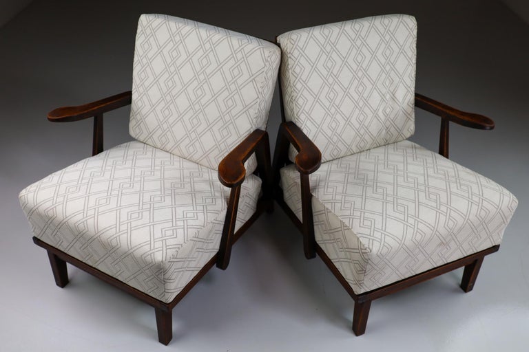 Sculptural Armchairs in Oak and Reupholstered Fabric, France, 1950s In Good Condition For Sale In Almelo, NL