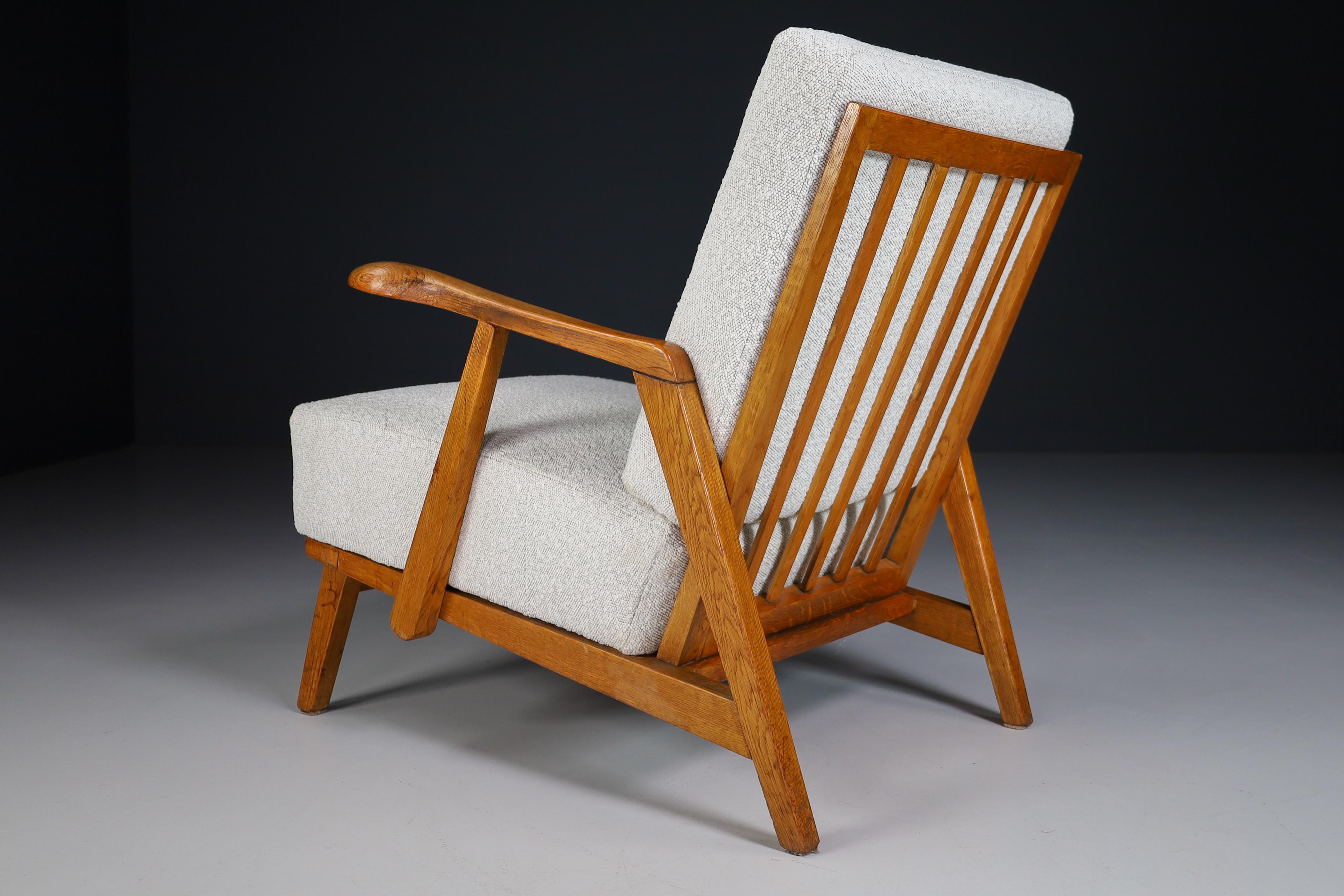 20th Century Sculptural Armchairs in Oak and Reupholstered Fabric, France, 1950s