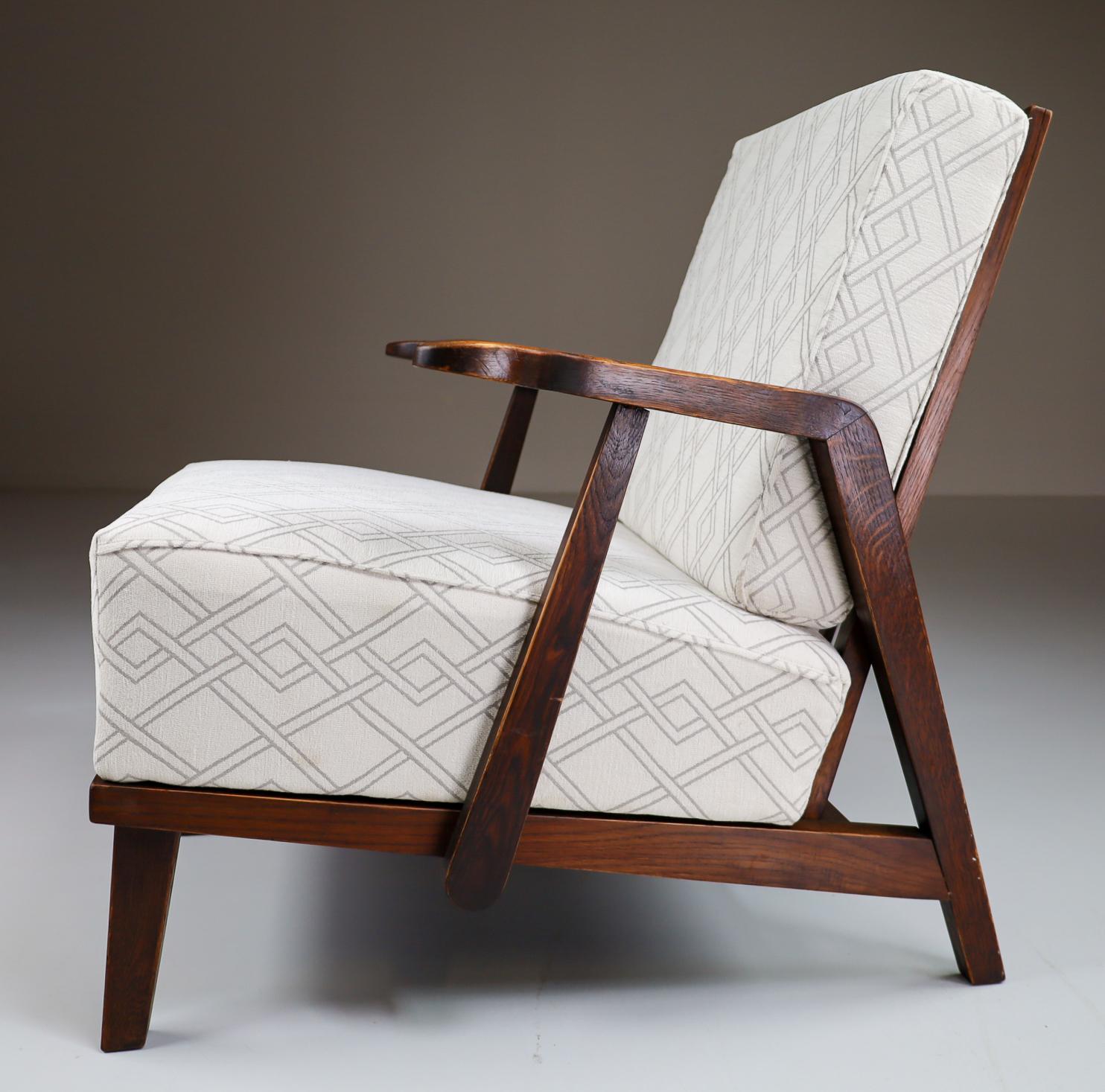 Sculptural Armchairs in Oak and Reupholstered Fabric, France, 1950s 1