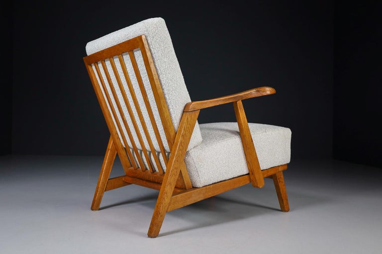 Bouclé Sculptural Armchairs in Oak and Reupholstered Fabric, France, 1950s For Sale