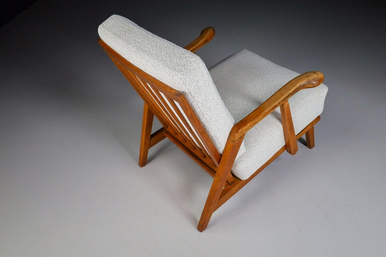 Sculptural Armchairs in Oak and Reupholstered Fabric, France, 1950s For Sale 1