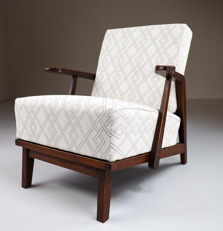Sculptural Armchairs in Oak and Reupholstered Fabric, France, 1950s For Sale 3
