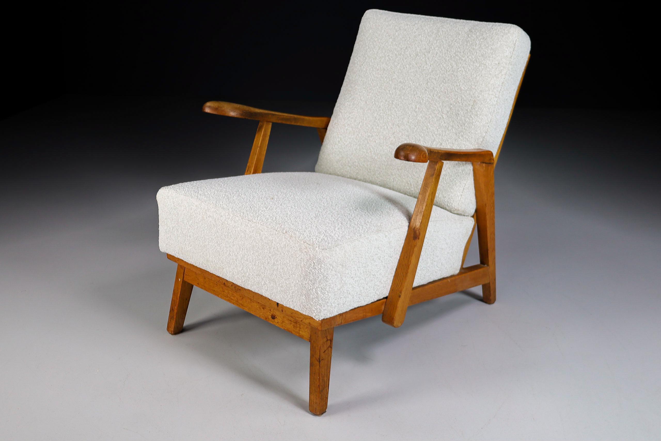 Sculptural Armchairs in Oak and Reupholstered Fabric, France, 1950s 2