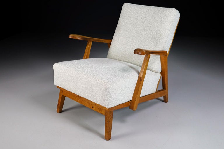 Sculptural Armchairs in Oak and Reupholstered Fabric, France, 1950s For Sale 2