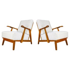 Sculptural Armchairs in Oak and Reupholstered Fabric, France, 1950s