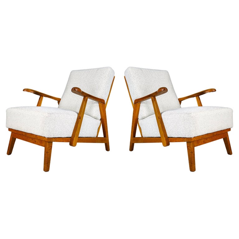Sculptural Armchairs in Oak and Reupholstered Fabric, France, 1950s For Sale