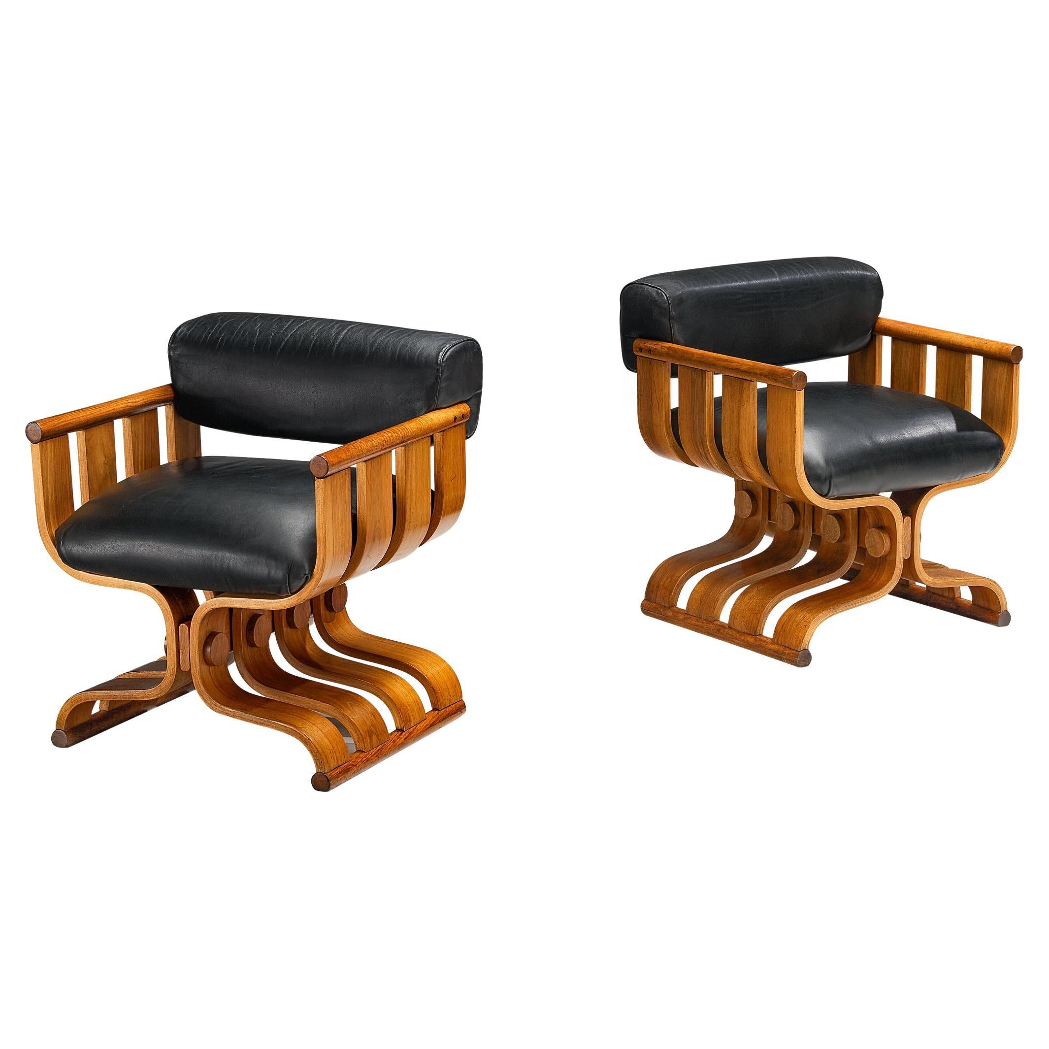 Sculptural Armchairs with Organic Curves in Walnut & Black Leather