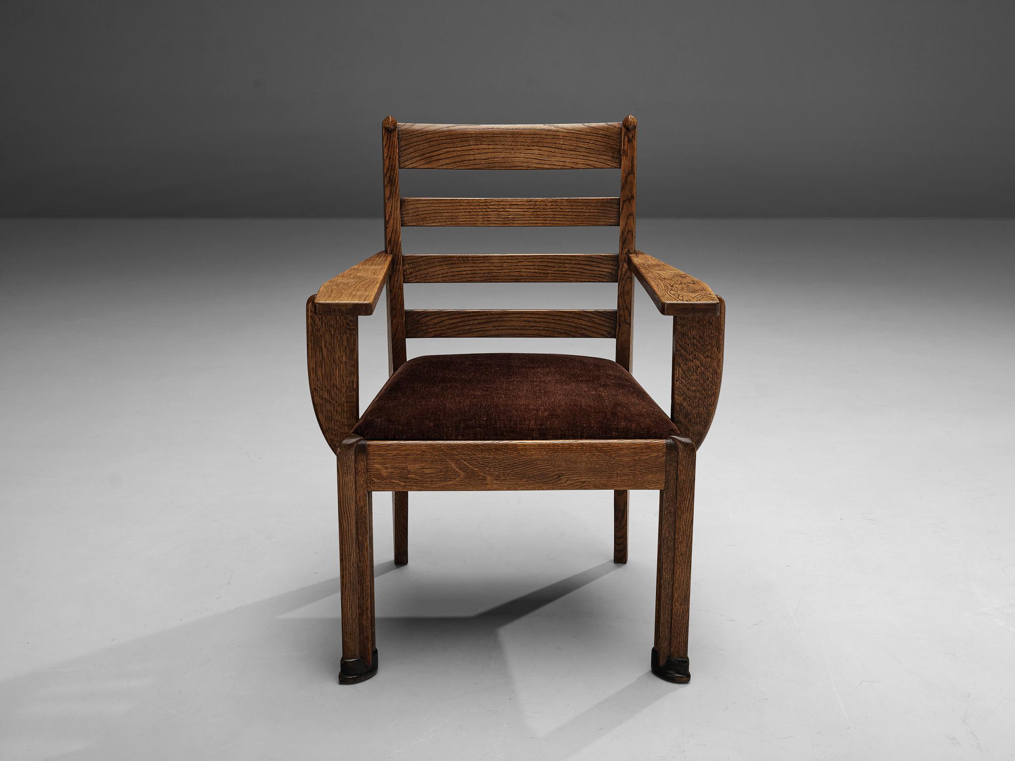 Art Deco chair, stained oak, Europe, 1920s

Beautiful art deco chair created in stained oak. The darkened oak has stunning features and accents from the wood grain. Overall, the chair has a sculptural feel which is emphasized by the clean lines of