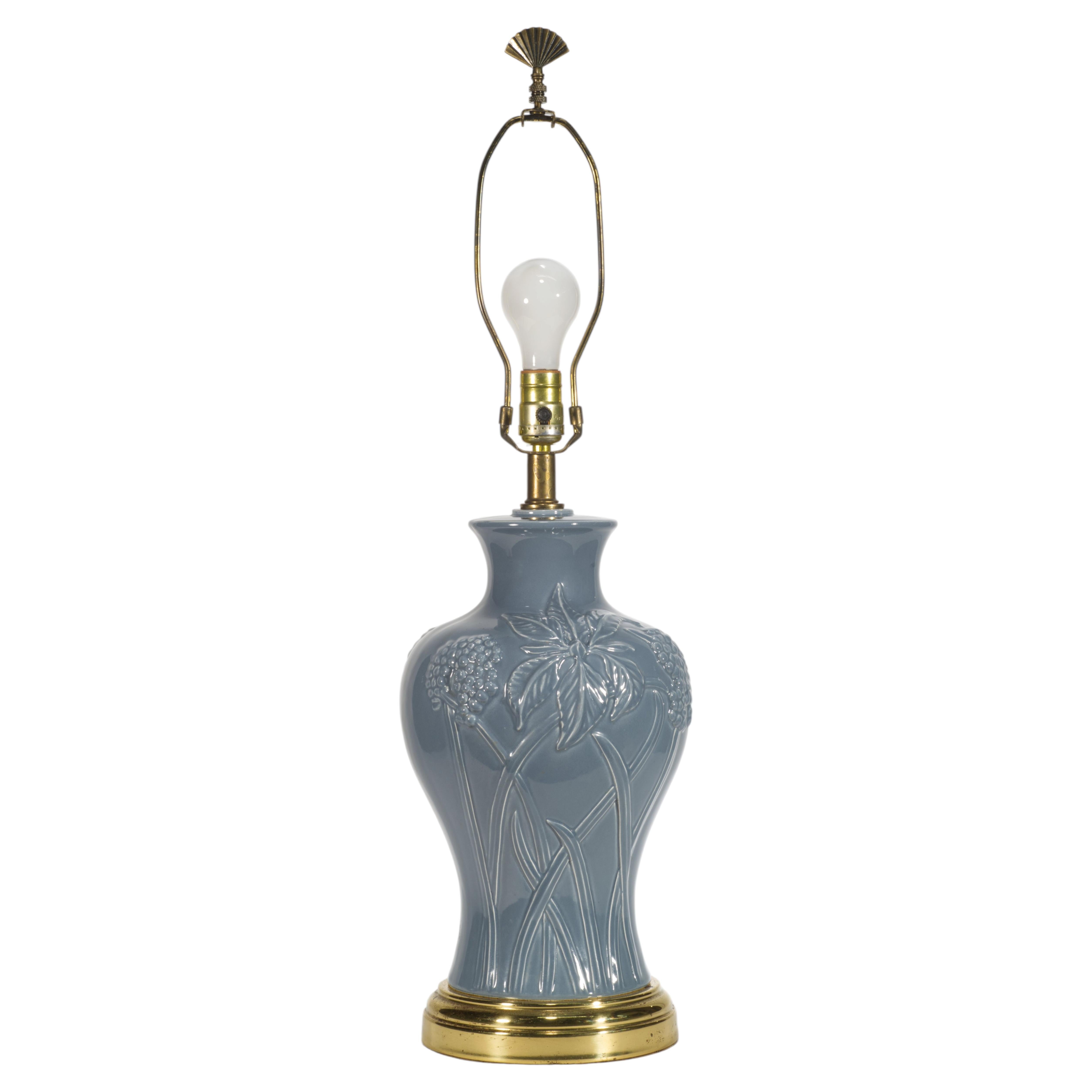 Sculptural Art Deco Large Urn Ceramic Table Lamp, Floral Reliefs For Sale