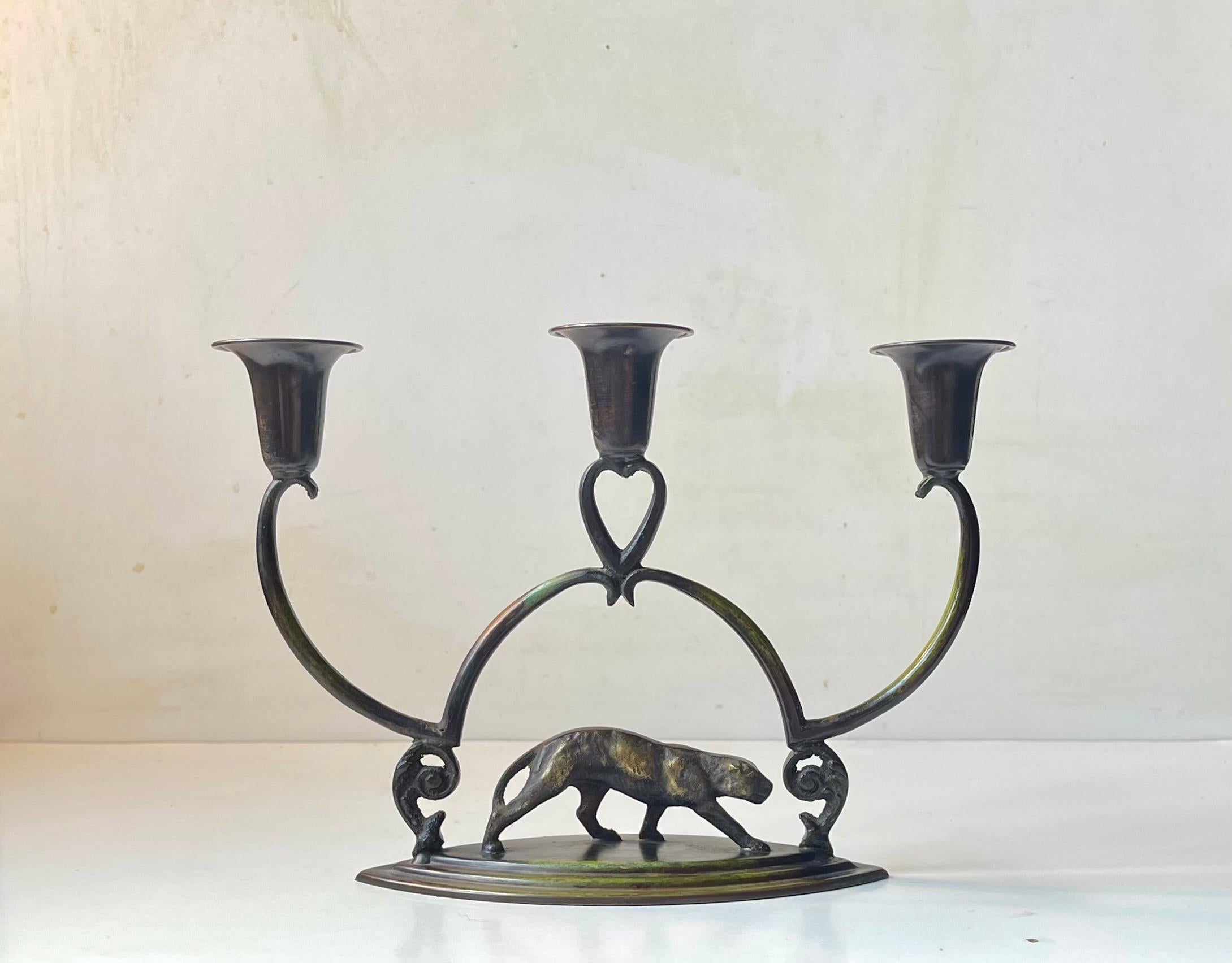 Sculptural Art Deco Panther Candelabra in Patinated Bronze, 1930s 2