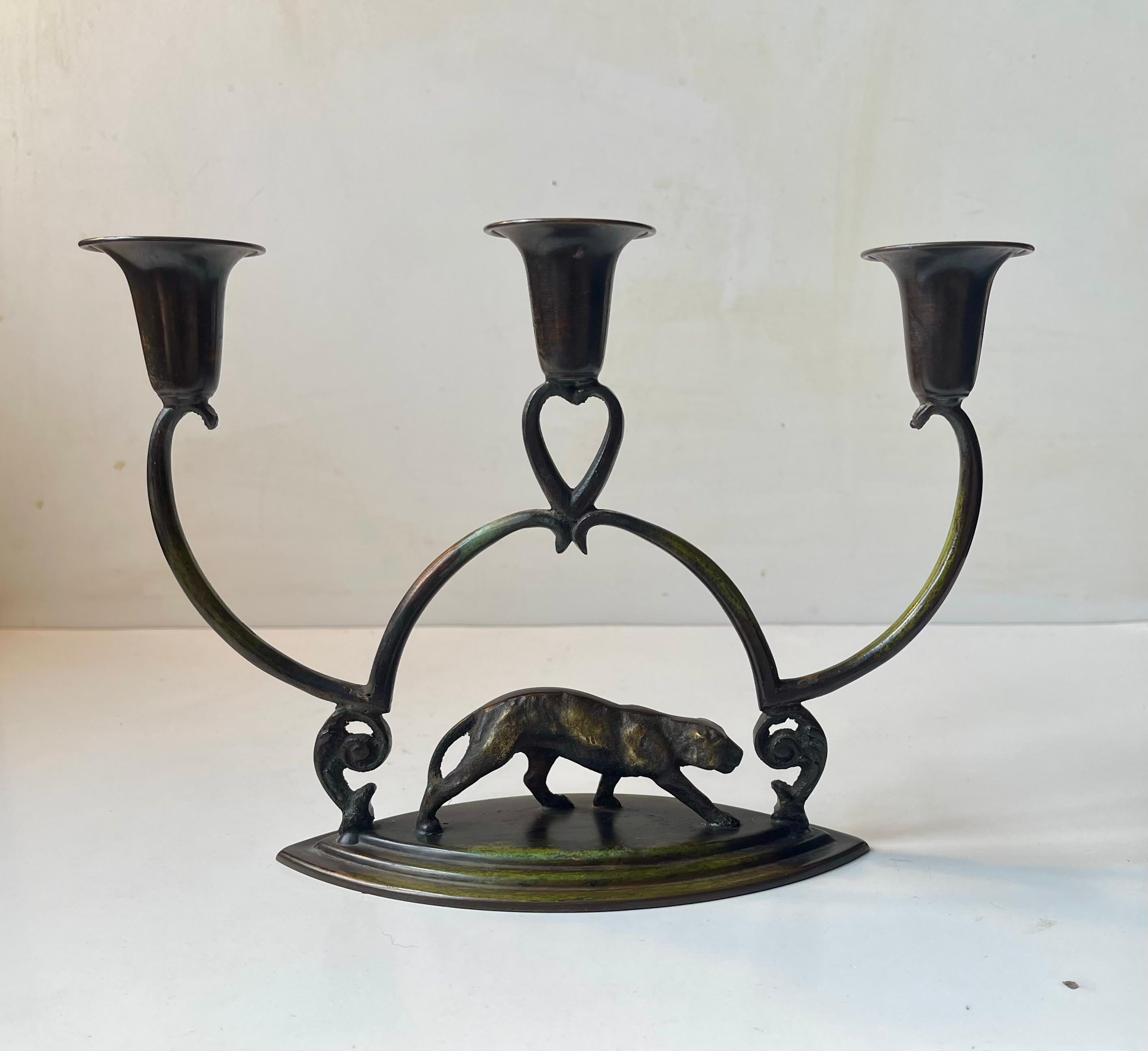 Sculptural Art Deco Panther Candelabra in Patinated Bronze, 1930s 3