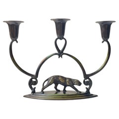 Sculptural Art Deco Panther Candelabra in Patinated Bronze, 1930s