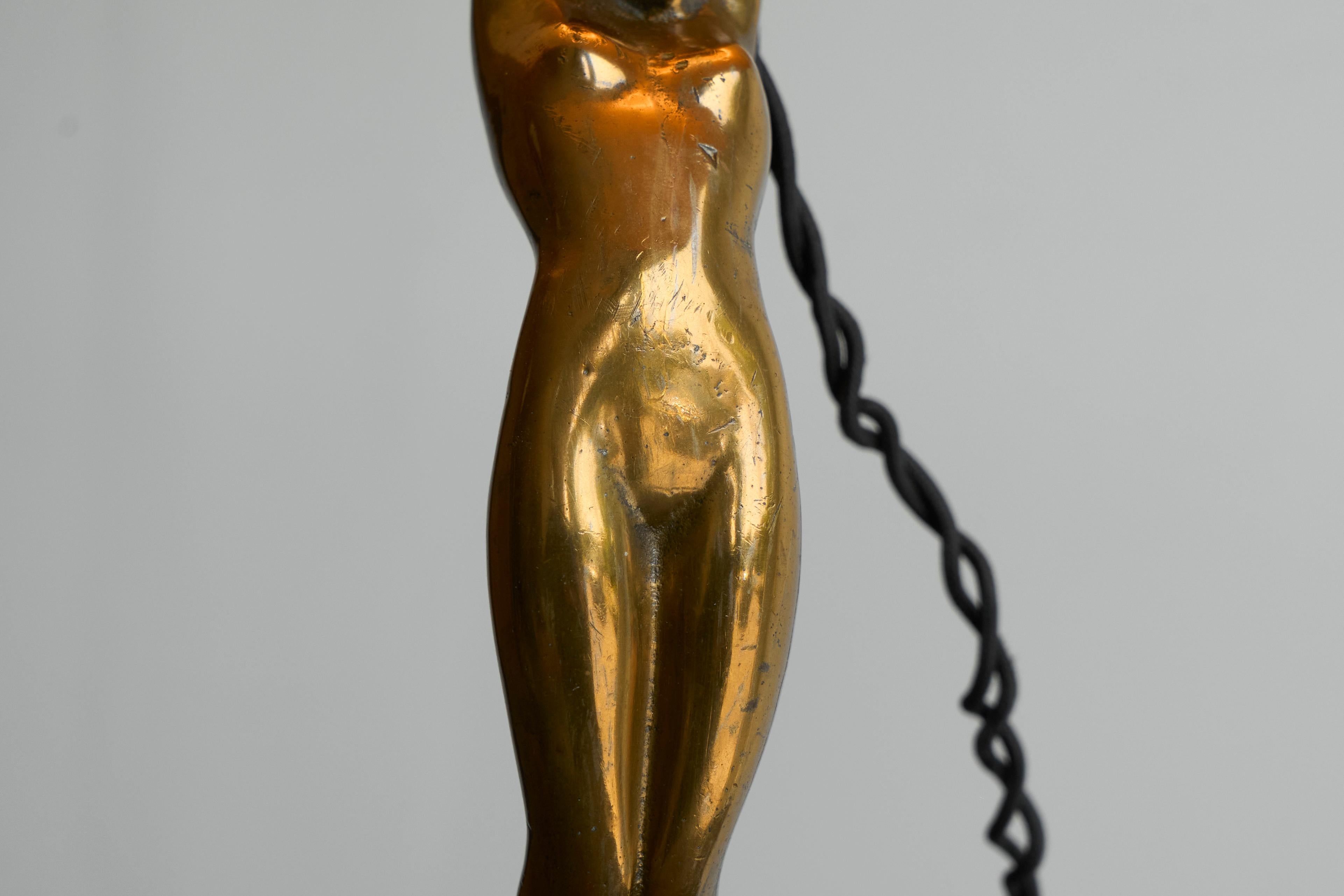 Brass Sculptural Art Deco Table Lamp with Nude Woman in Solid Bronze 1930s For Sale