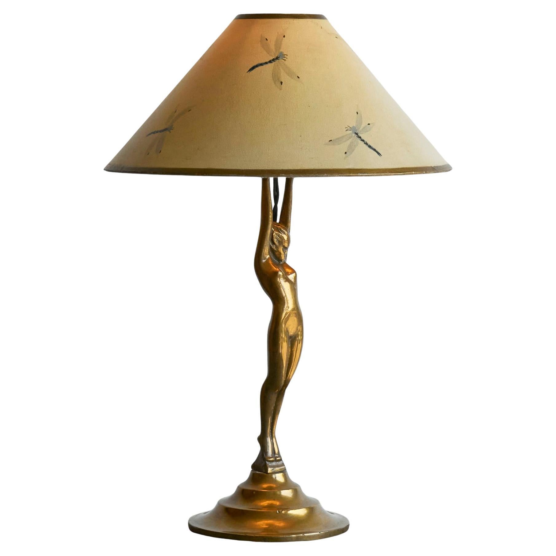 Sculptural Art Deco Table Lamp with Nude Woman in Solid Bronze 1930s For Sale
