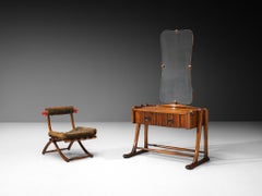 Sculptural Art Deco Vanity with Mirror and Matching Chair in Walnut and Glass