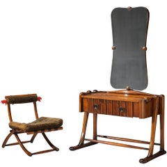 Sculptural Art Deco Vanity with Mirror and Matching Chair in Walnut and Glass