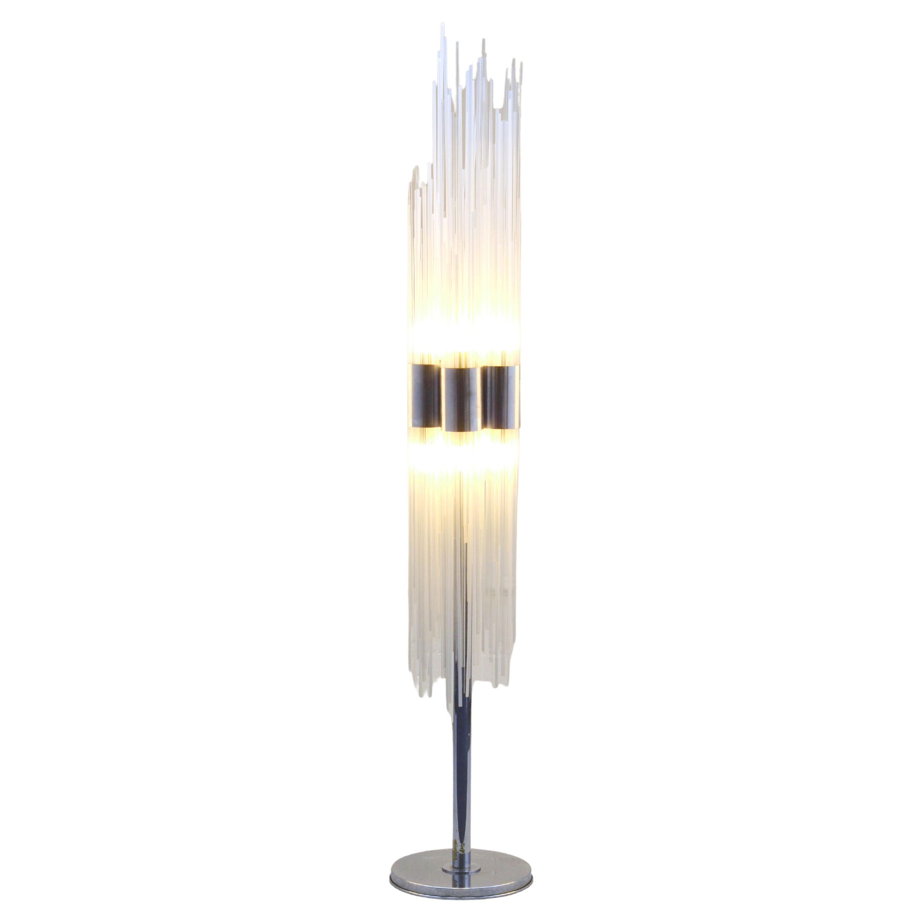 Sculptural Art Floor Lamp in Reed Glass Rods on Chrome Stand In Italy 1960
s