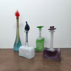 Sculptural Art Glass Bottles with Floral Stoppers, Purple and Green IDEAL GIFT