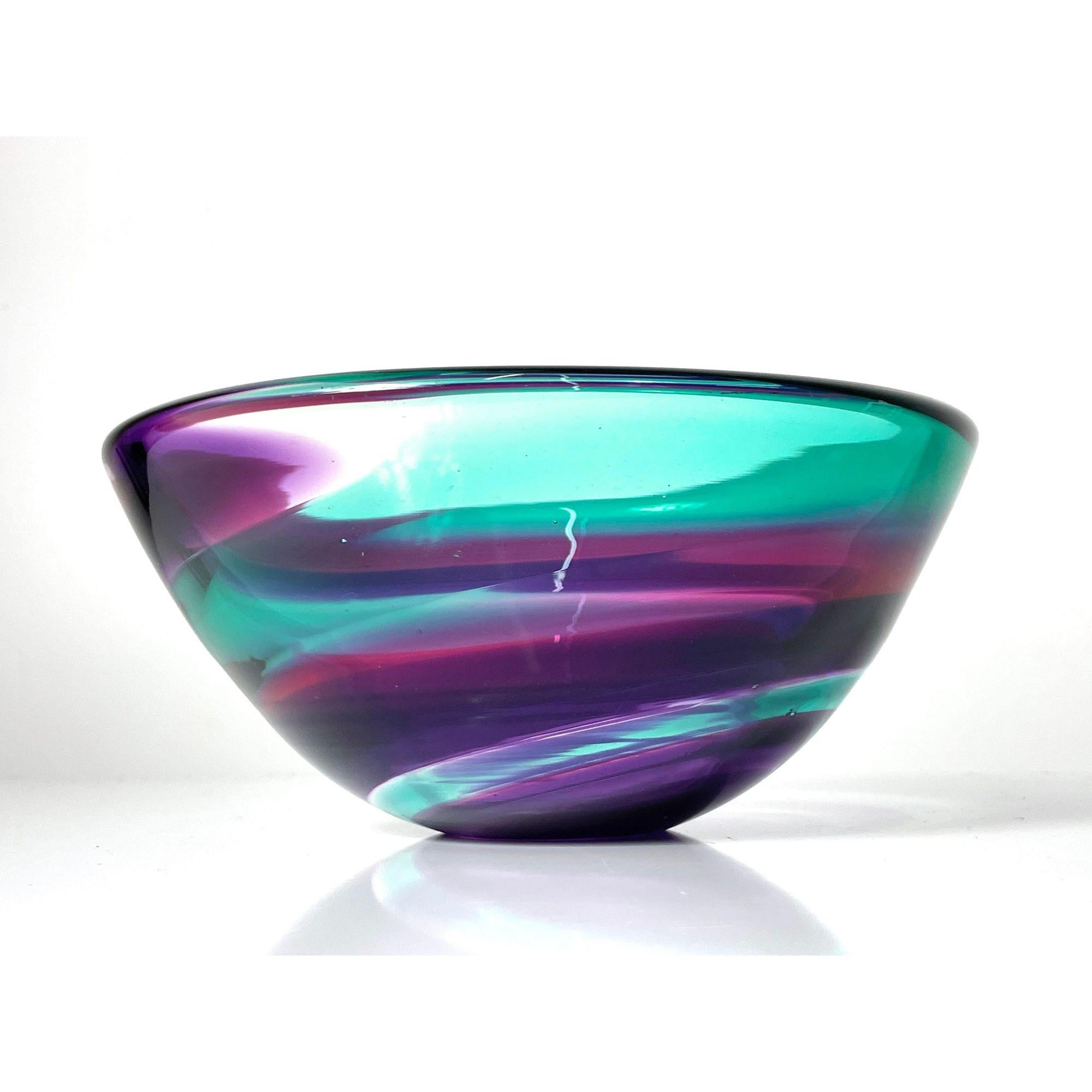 Signed Leon Applebaum Art Glass Bowl 

Large studio art glass bowl by Leon Applebaum circa 1980s
Pinwheel design of purple green and pink
Etched signature to underside

Additional Information:
Materials: Glass
Dimensions: 8.75