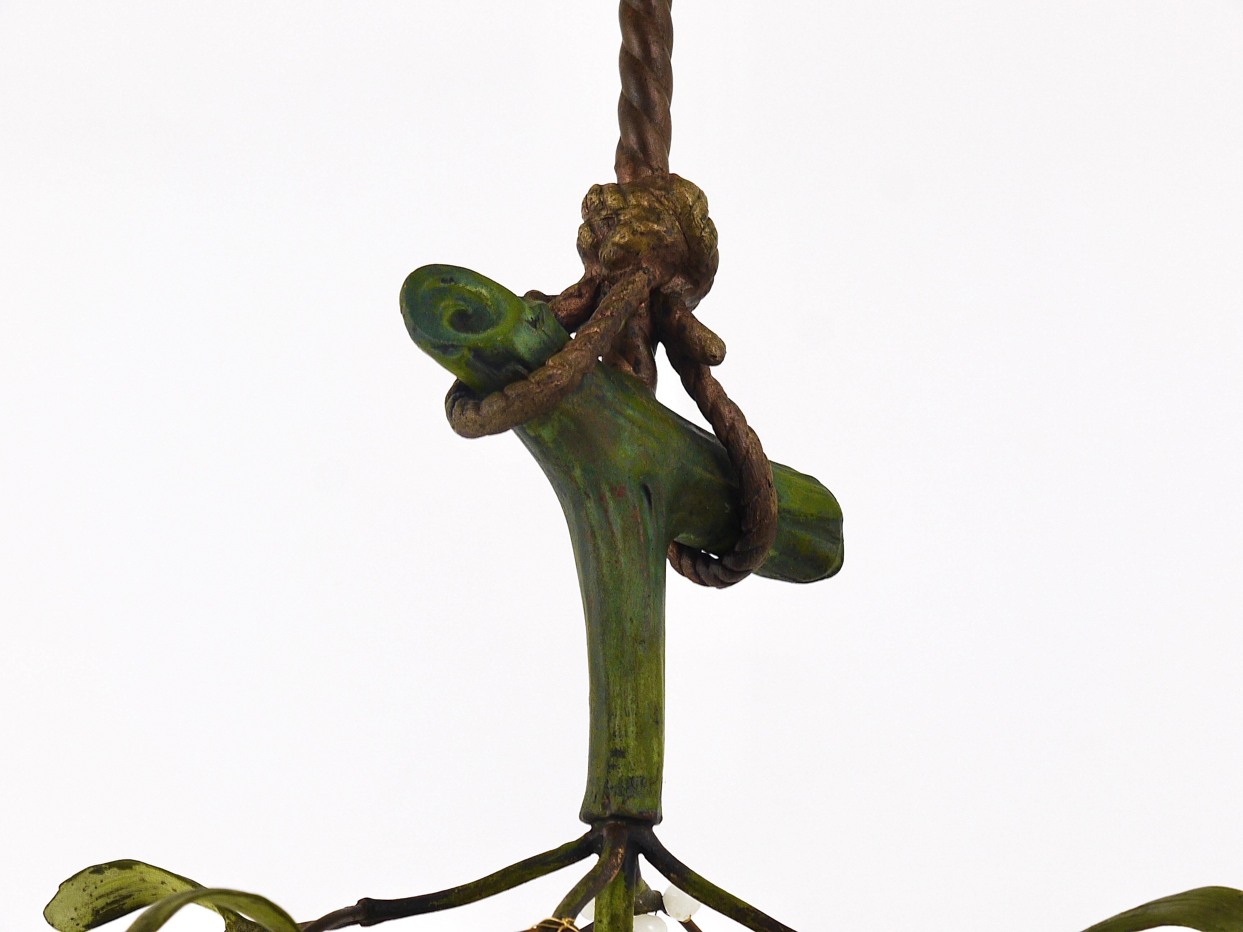 Sculptural Art Nouveau Mistletoe Bronze Chandelier, France, 1920s 4