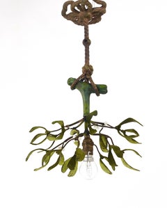 Sculptural Art Nouveau Mistletoe Bronze Chandelier, France, 1920s