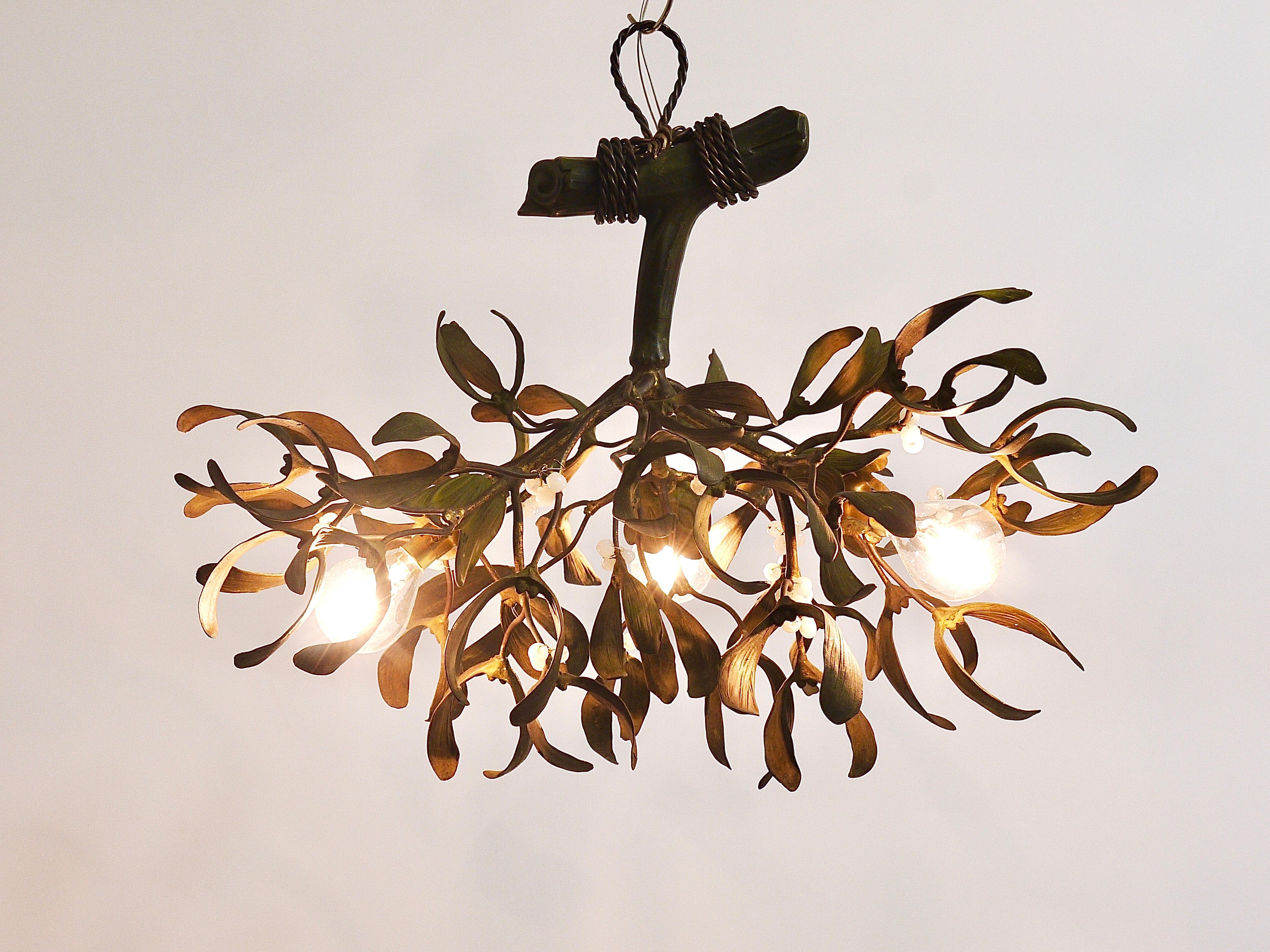 Early 20th Century Sculptural Art Nouveau Mistletoe Bronze Chandelier, France, 1920s For Sale