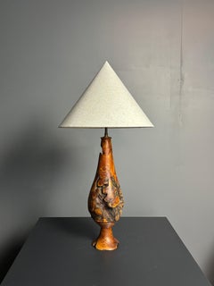 Sculptural artisanal brutalist midcentury burl wood turned table lamp, France