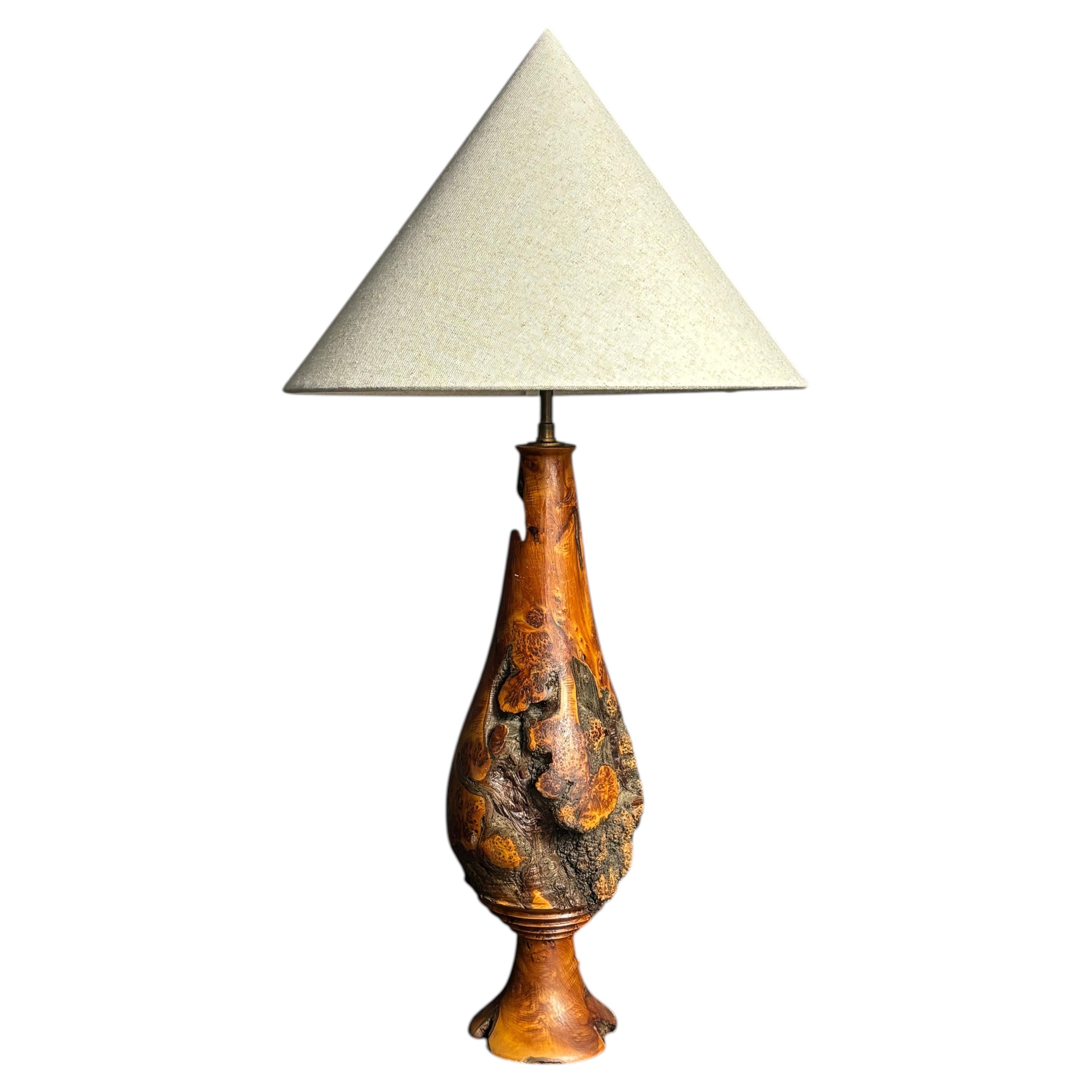 Sculptural artisanal brutalist midcentury burl wood turned table lamp, France