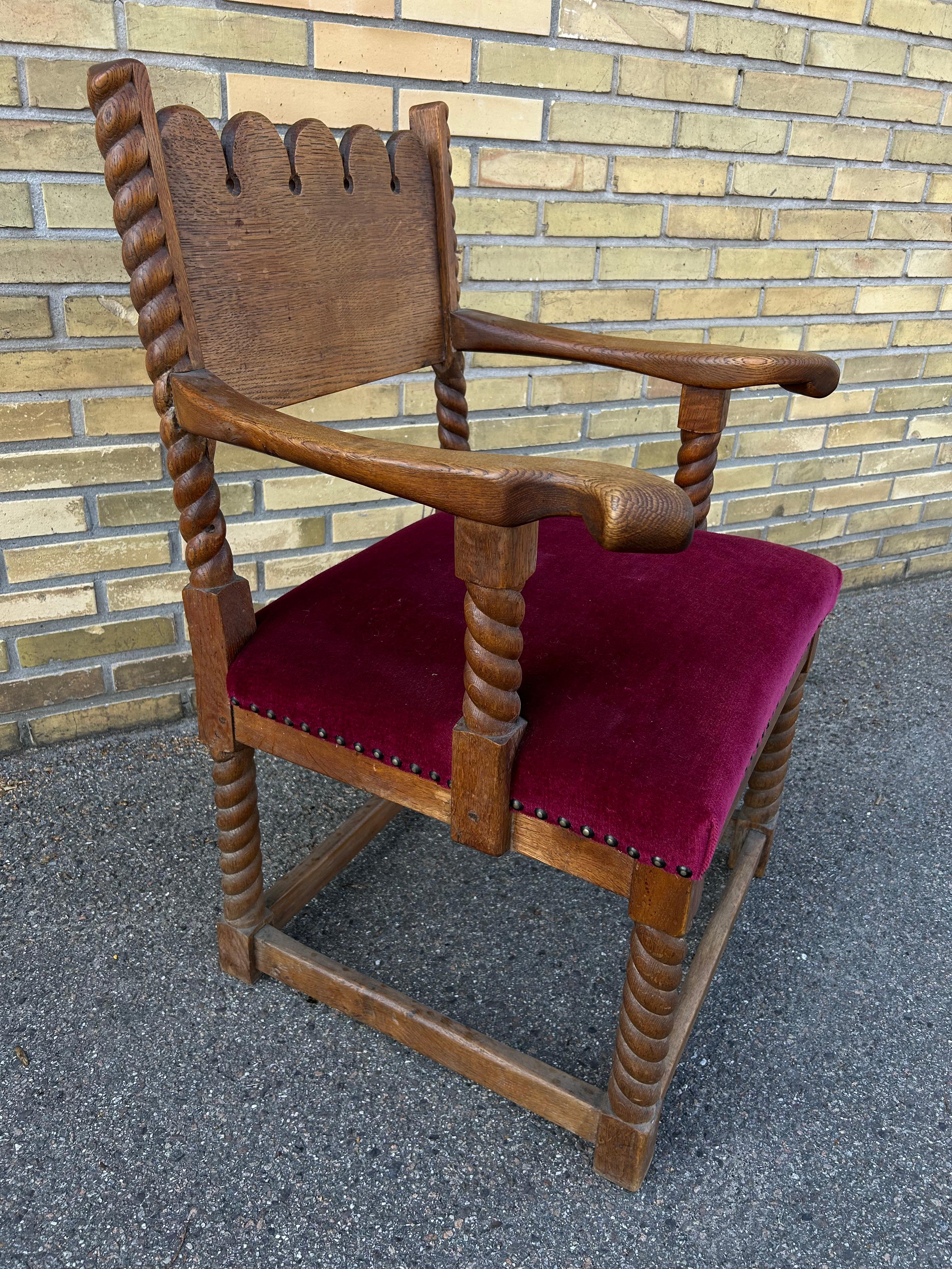 Velvet Sculptural Arts and Crafts Oak Arm Chair, Denmark 1920’s For Sale