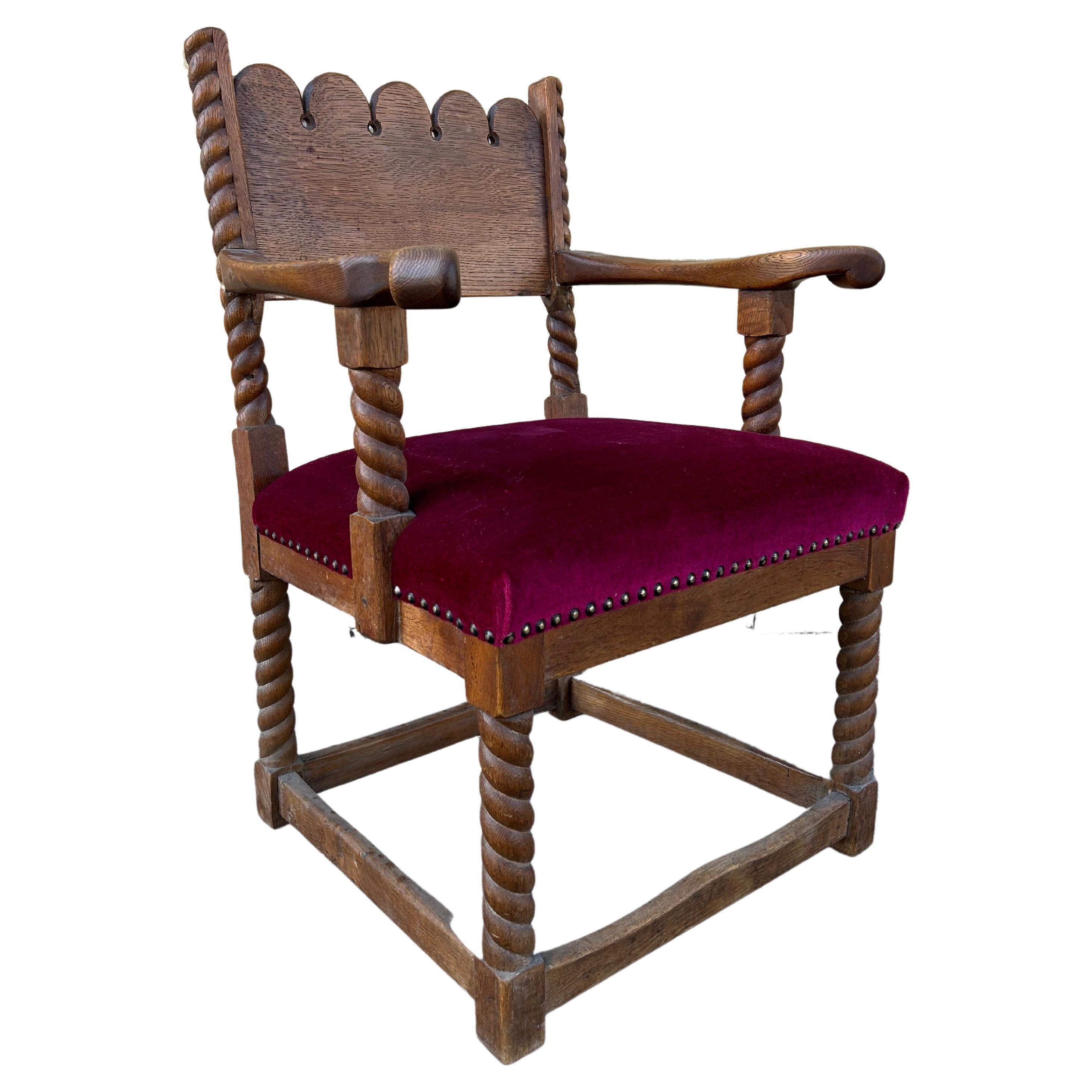 Sculptural Arts and Crafts Oak Arm Chair, Denmark 1920’s For Sale